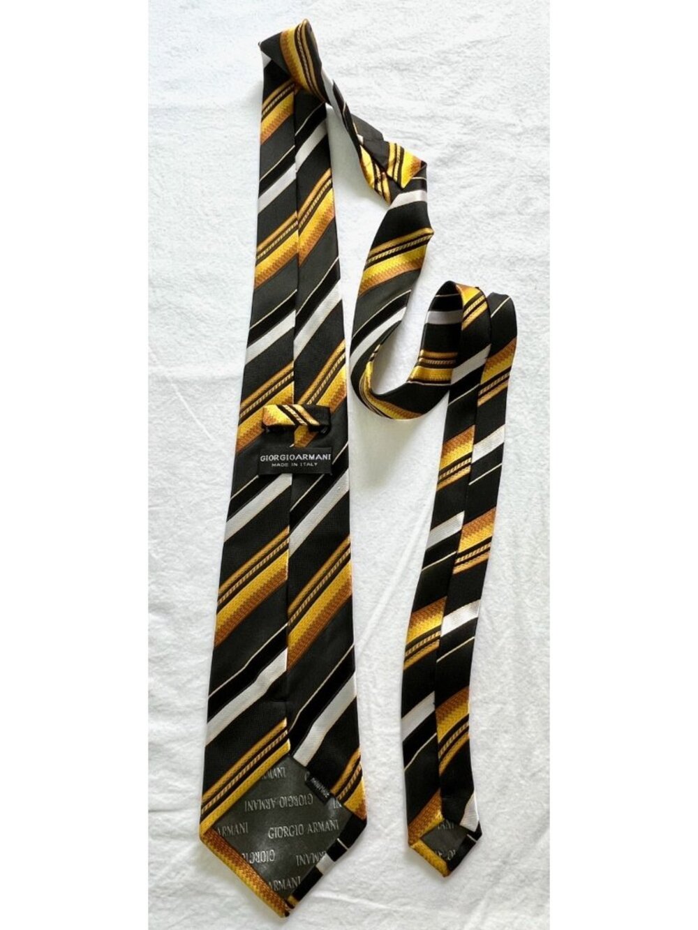 Vintage Giorgio Armani 4" Silk Tie Made Italy Black Gold White Stripe Wide